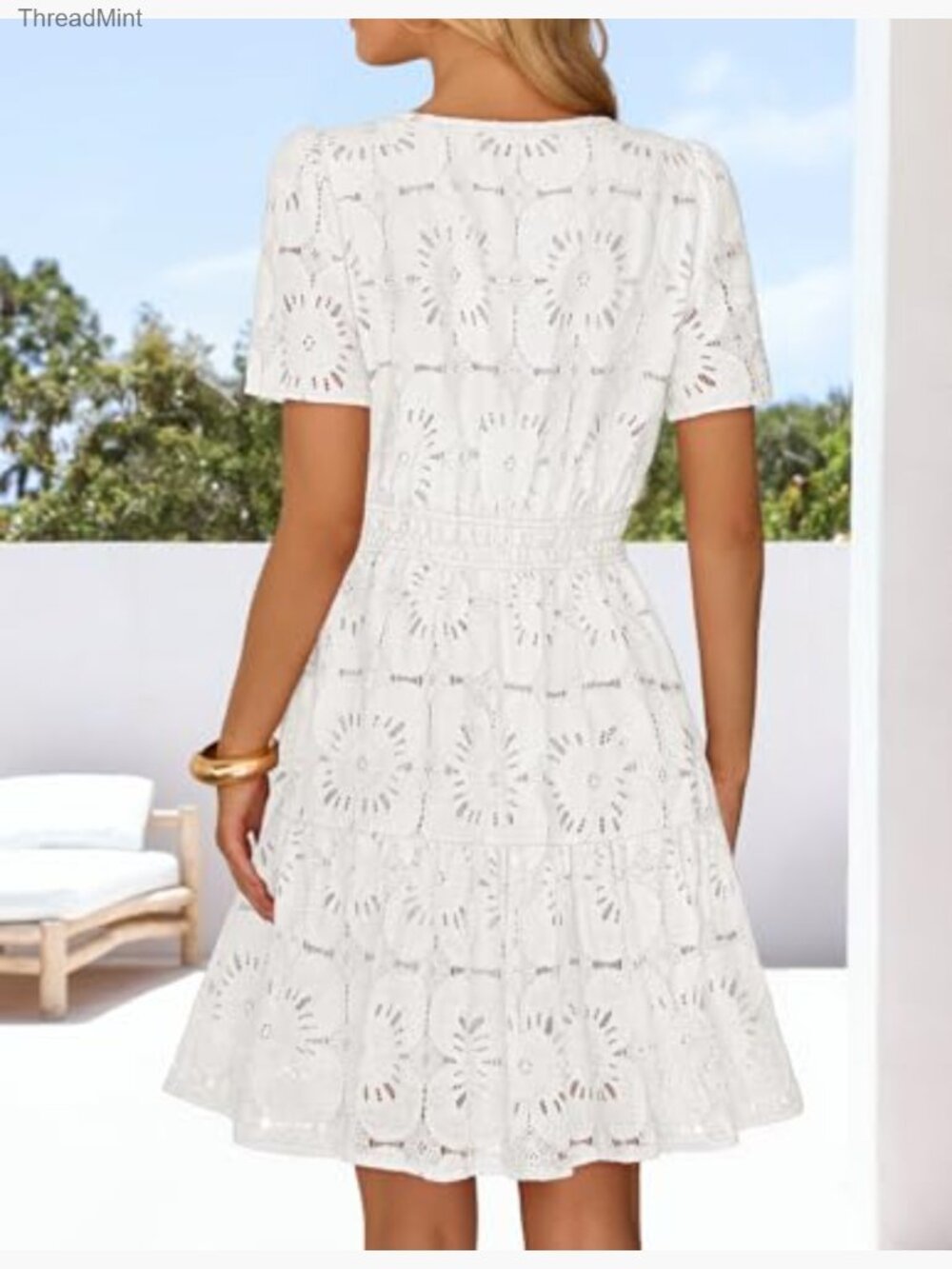 Lace Eyelet Mini Dress with Puff Sleeves, V-Neck, Side Pockets - Picture 4 of 7